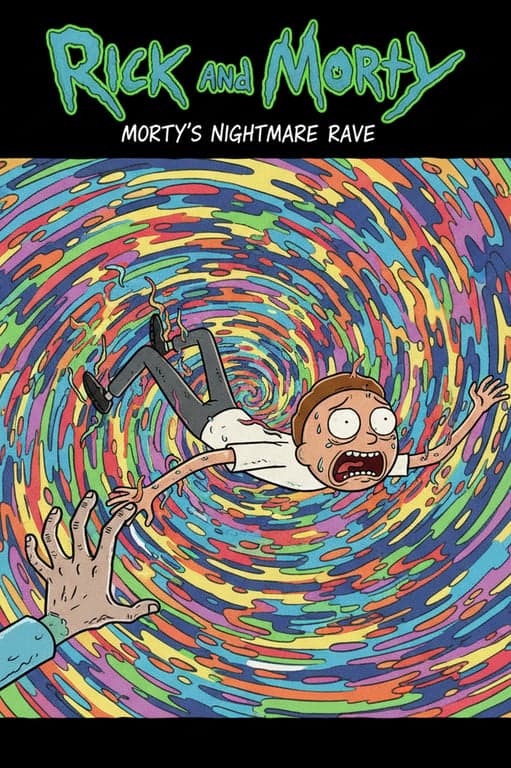 A psychedelic portal vortex in Rick and Morty title card style, with Morty falling into it screaming, his body distorted by the wavy rainbow colors, while Rick's hand reaches in from the edge of the frame to grab him.