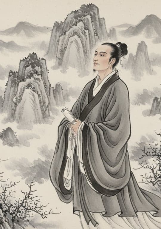 a portrait of a scholar gazing into the distance, rendered in ink wash style, subtle gradations of black ink, misty mountain backdrop, flowing robes, contemplative mood.