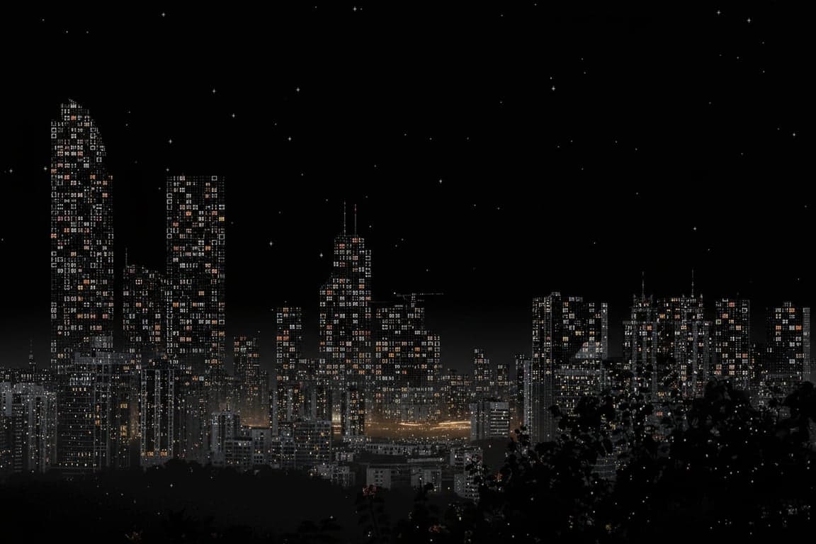 A detailed ASCII art of a city skyline at night, using characters like [#], [ ] to represent lit and unlit windows, creating a pixelated but recognizable scene.
