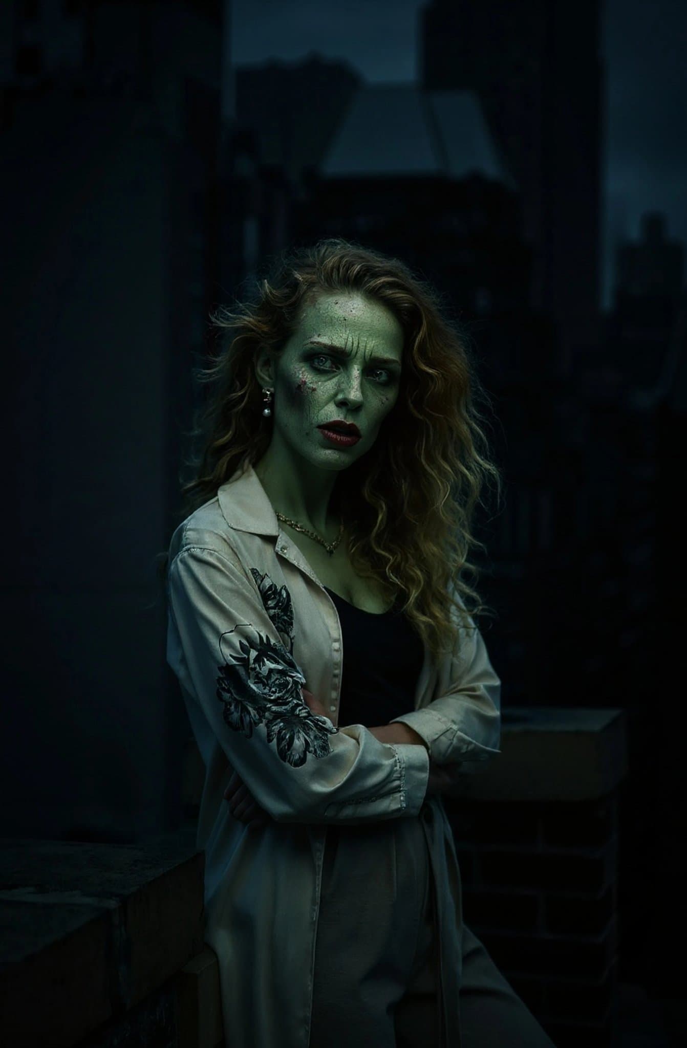 AI zombie filter after transformation - casual portrait with decayed skin and glowing eyes