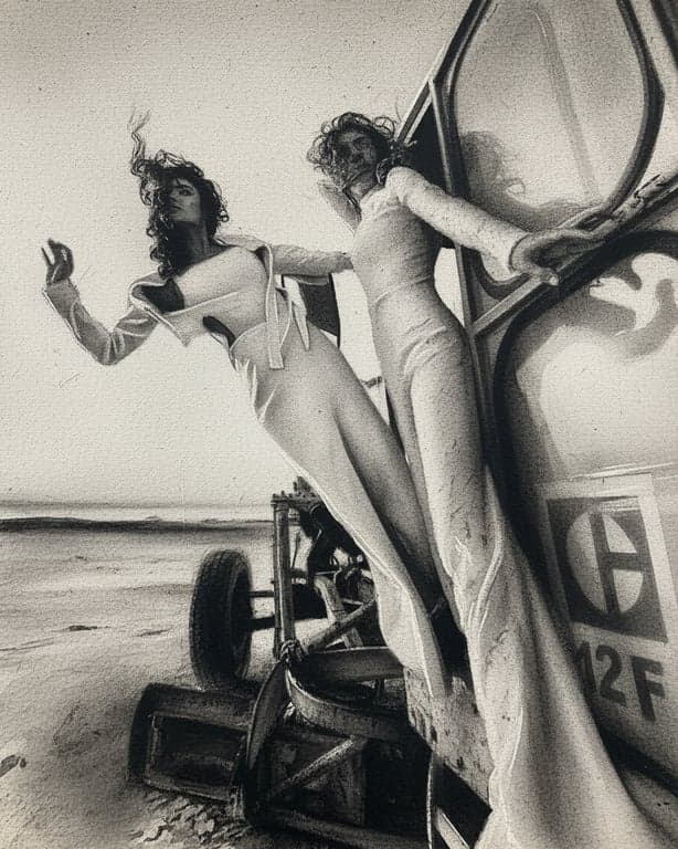 A black and white photo converted to a high-contrast charcoal and wash style on a raw, unprimed canvas texture, emphasizing a gritty, artistic feel.