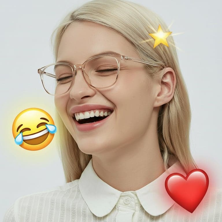A portrait of a woman laughing, with a floating 😂 emoji near her face, a ❤️ emoji over her heart, and a 🌟 emoji as a hair accessory, blended naturally.