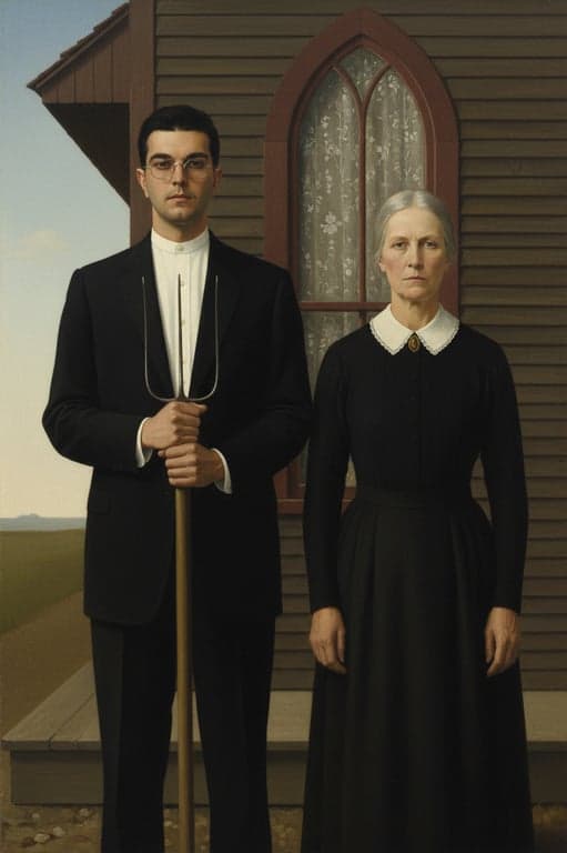 a portrait of a person recreated in an American Gothic painting aesthetic with calm intensity, precise structure, minimal flourish, and traditional American realism