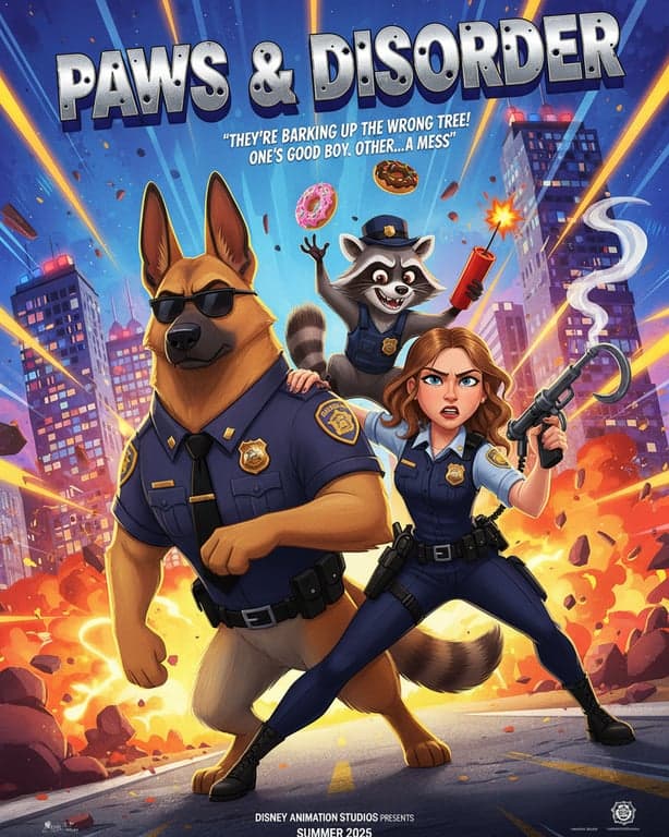 A poster for a buddy-cop comedy with a serious dog and a chaotic raccoon as partners, in a zany, modern Disney style with bold colors and action lines.