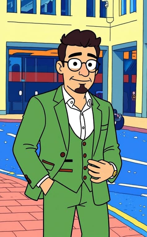 a portrait edited to look like a frame from SpongeBob SquarePants, replacing realistic textures with flat cel colors, exaggerated friendly expression, and classic 2D TV animation styling.