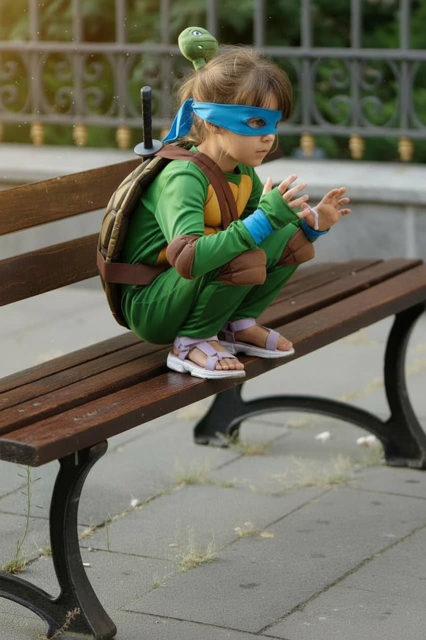 AI mutant ninja turtle outfit filter after transformation - selfie recreated with AI turtle mask and suit