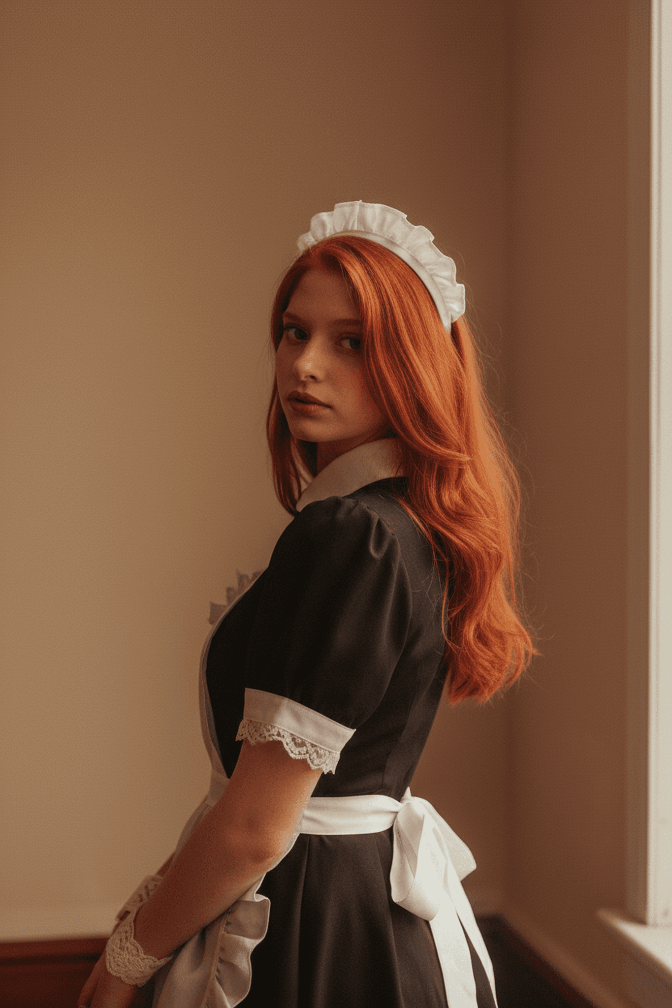 The subject is dressed in a classic maid outfit with a white lace headpiece and black dress.