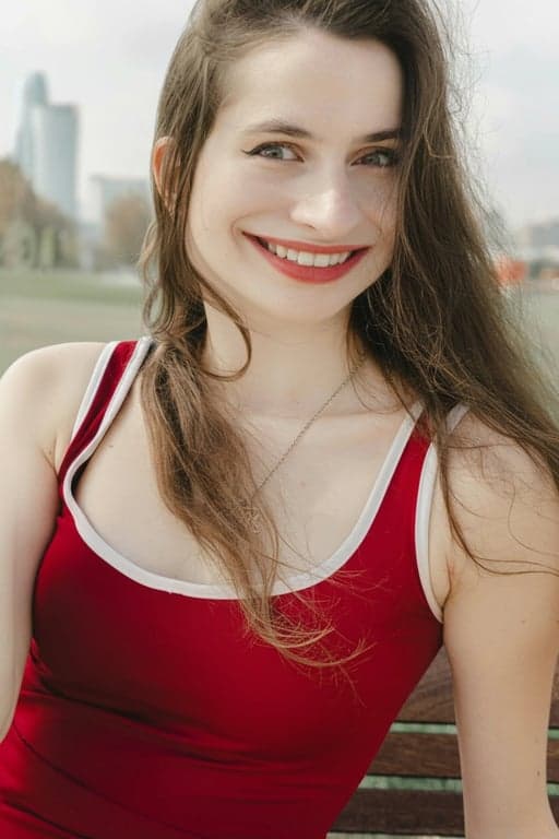 AI ugly filter after photo- distorted woman in red top with warped face