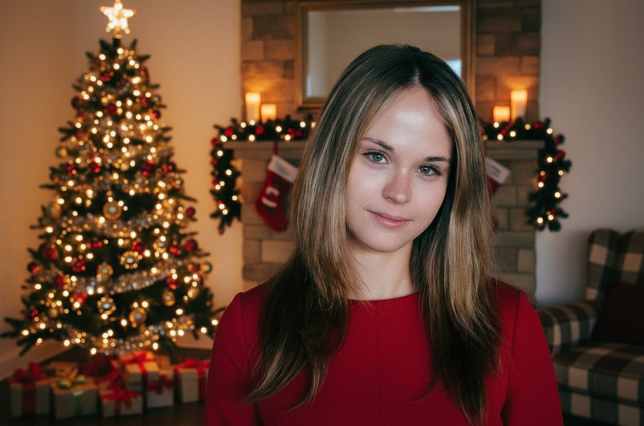 A woman in a red dress standing in a decorated Christmas living room.