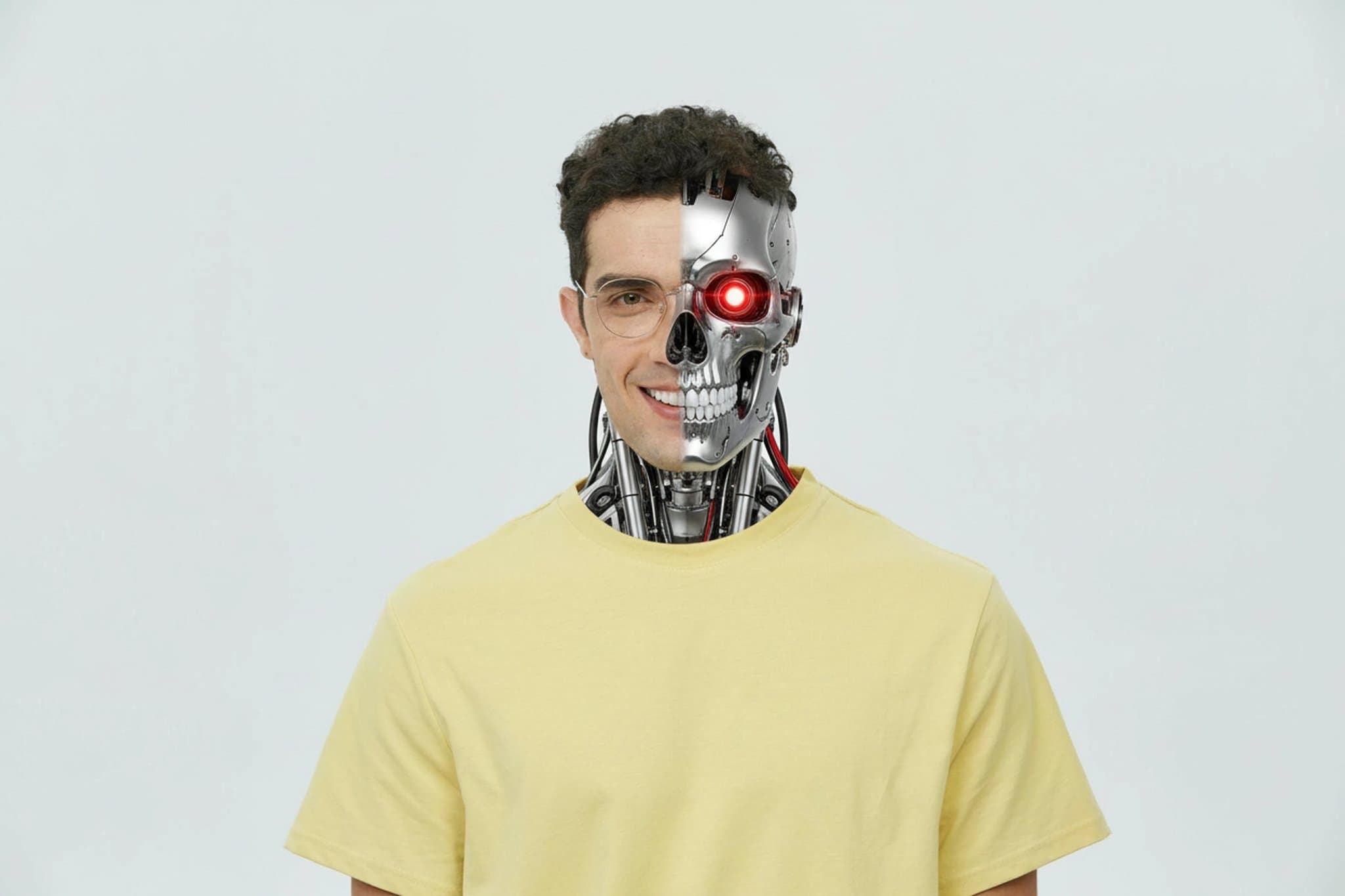 Image showing a cyborg face transformation with exposed metal skull and robotic details.