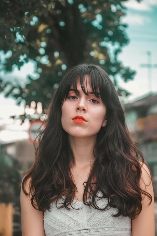 add a fringe hairstyle that appears professionally cut and styled, avoiding flat overlays, artificial edges, or unrealistic hair density