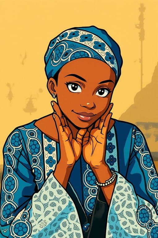 a portrait of a woman, 90s anime filter, thick black outlines, limited color palette with film grain, expressive large eyes, simple background.