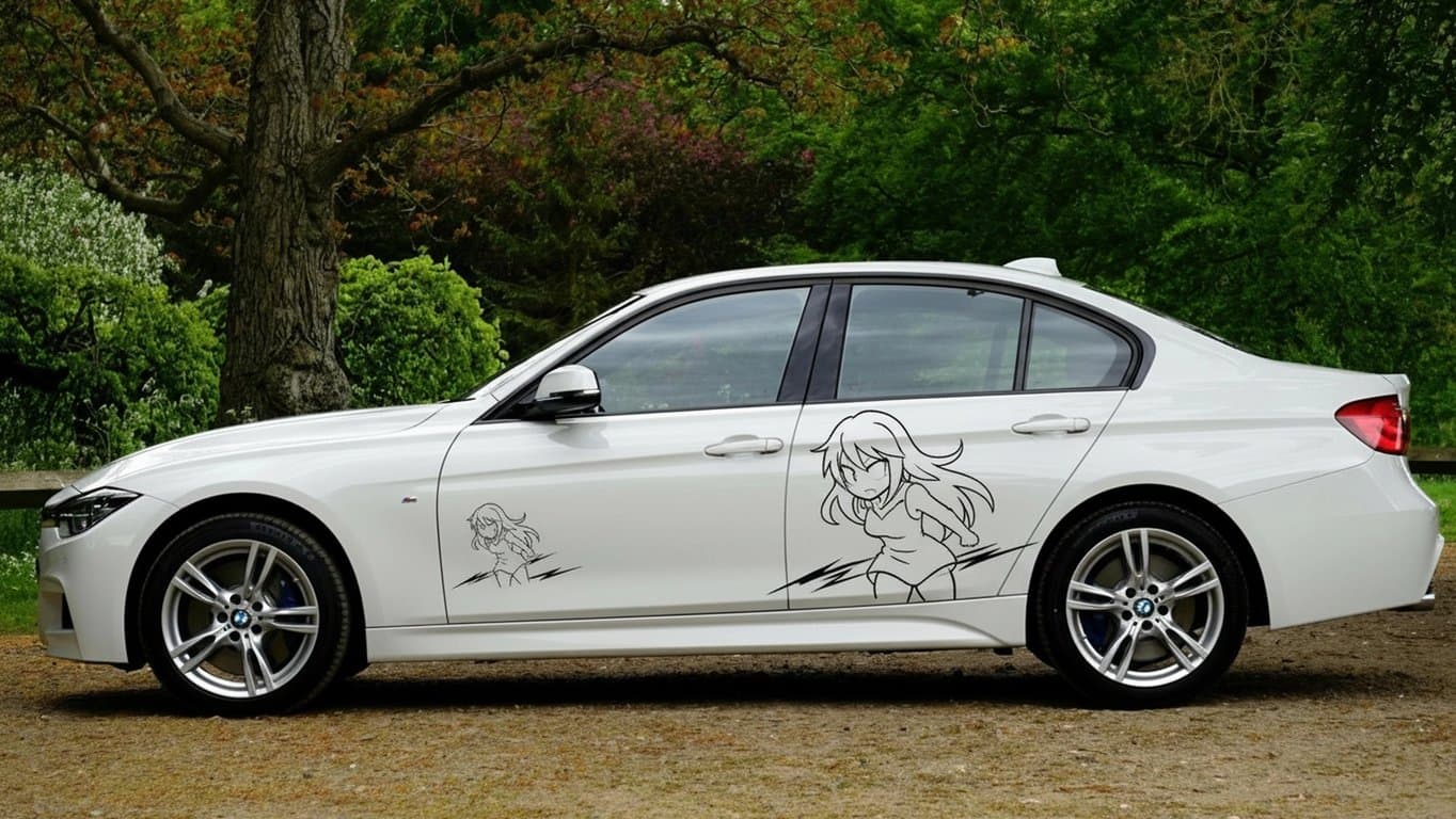 AI anime car sticker after photo - white car in the wood with car sticker