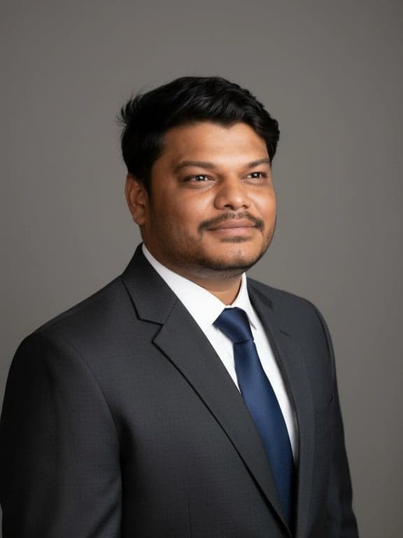 A professional AI-generated studio headshot of a man, crisp details, perfectly balanced studio lighting, authentic skin texture, corporate attire, solid grey backdrop.