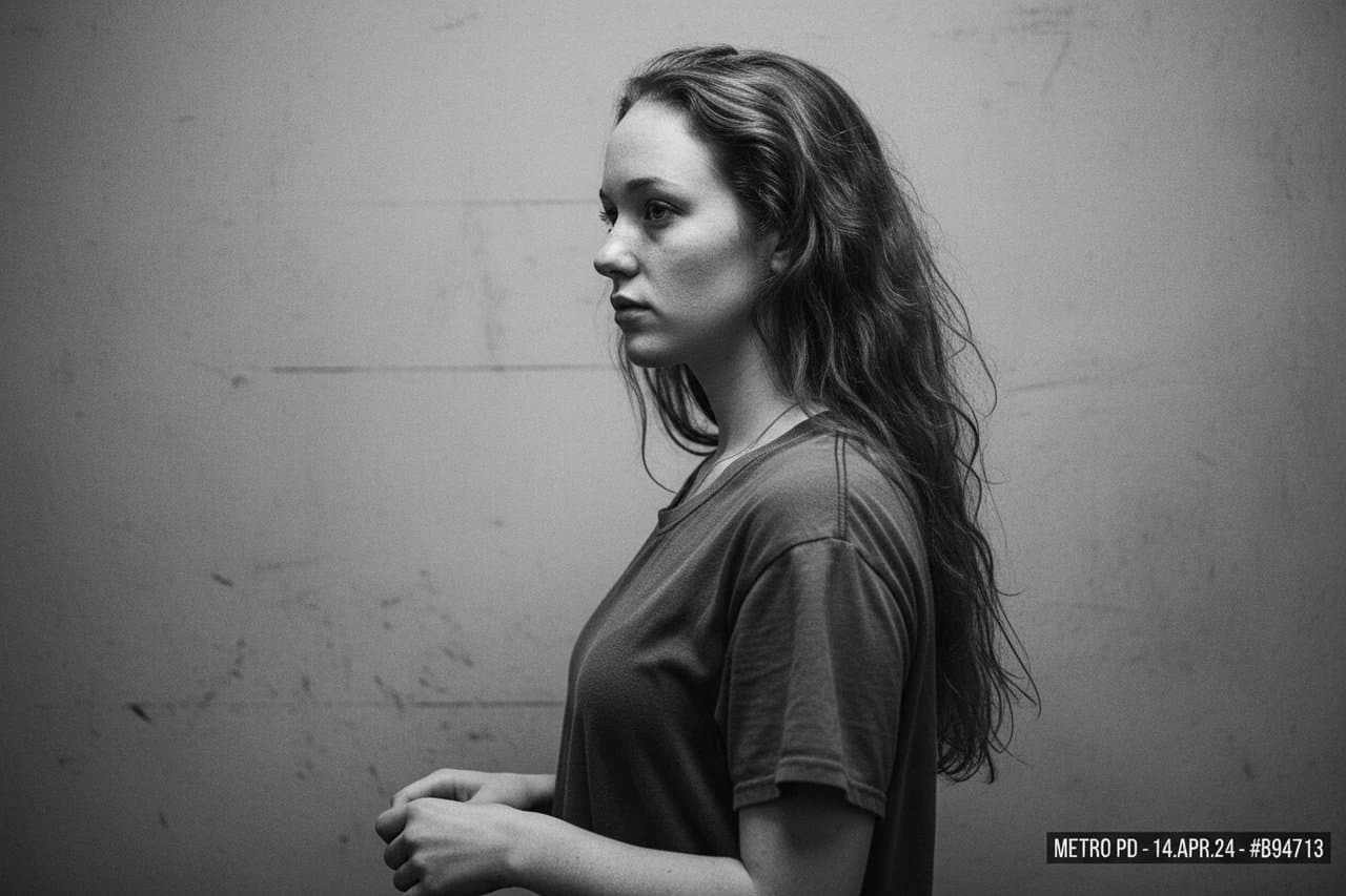 AI mugshot filter after transformation - influencer photo rendered with mugshot ID plate