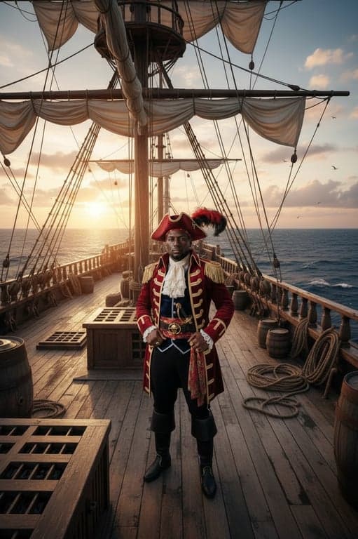 a portrait of a person as a pirate captain in flamboyant One Piece attire, standing on the deck of a ship