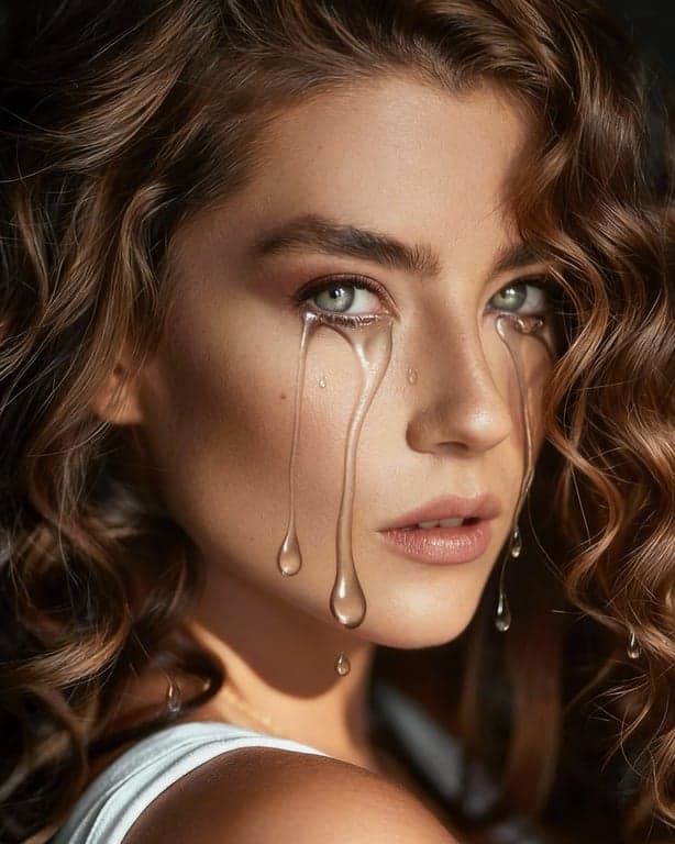 A highly detailed close-up where digital tears are perfectly integrated, showing the refraction of the background in the tear droplet, hyper-realistic skin texture.