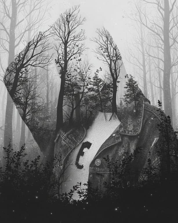 A portrait of a woman blended with a forest silhouette, where the trees and leaves fill the contours of her face, in monochrome tones, ethereal mood.