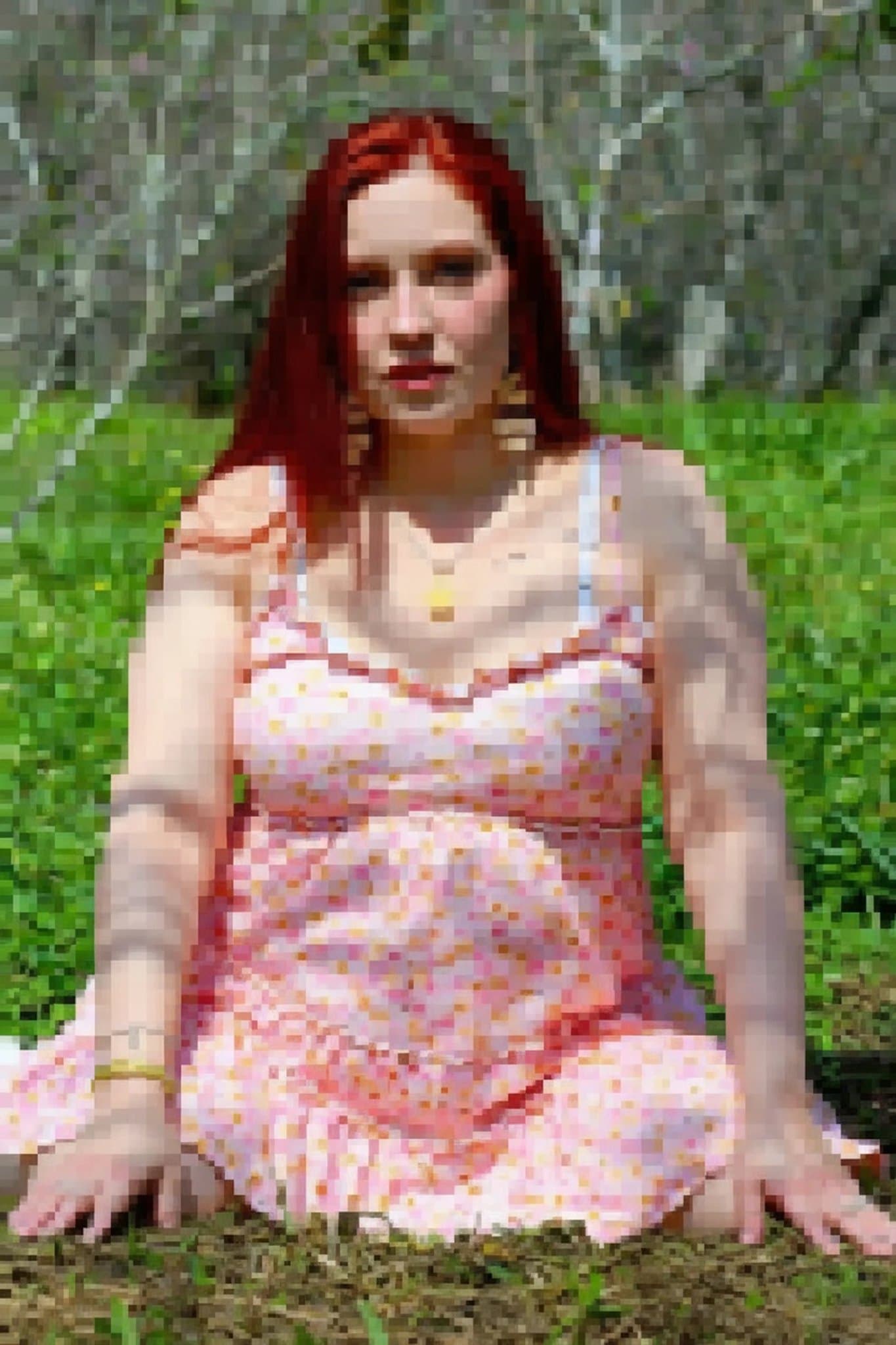 AI pixelate image filter after transformation - studio photo with blocky pixel grid effect