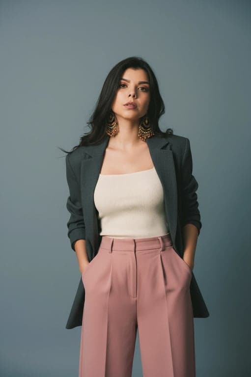 a portrait of a woman, modern cool aesthetic, muted color palette, even lighting, clean composition, studio setting.