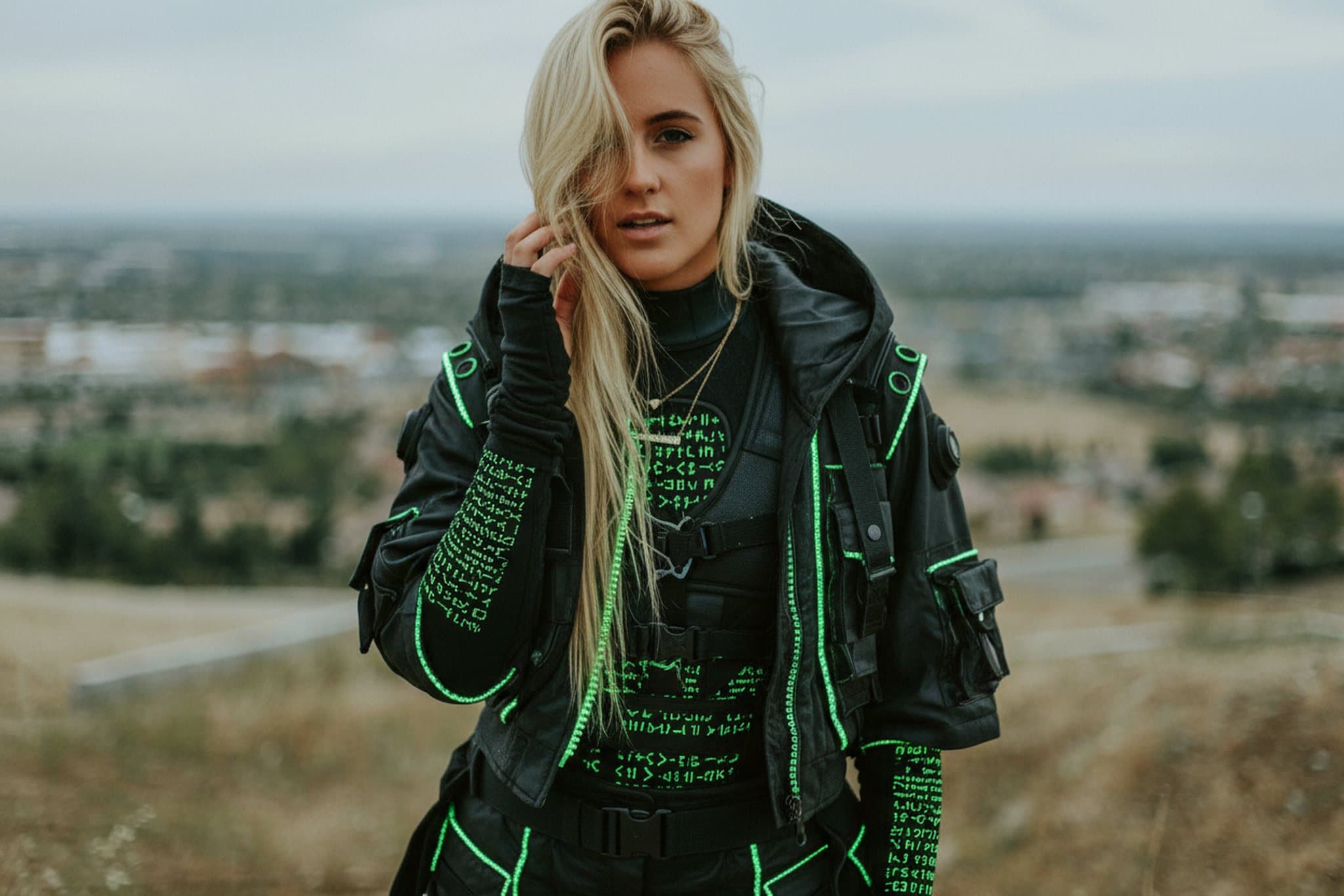 Rugged landscape framing a black tactical suit glowing with neon green coded patterns.
