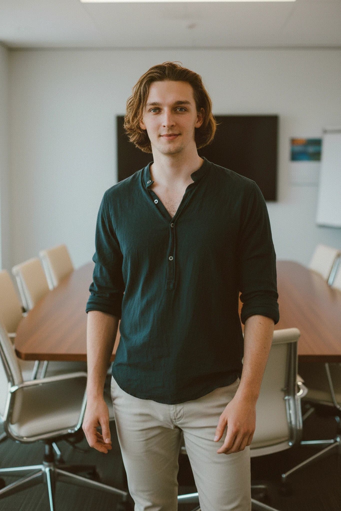 business casual outfits filter after transformation - portrait wearing smart casual shirt and chinos in a soft meeting room setting