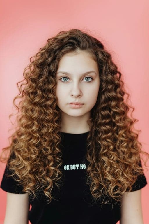 AI Curly hair filter after pic - woman portrait with curly hair in T-shirt
