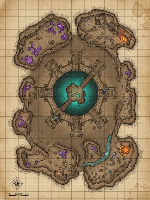 Create a large-scale fantasy wilderness map with exploration-focused design, including landmarks, travel routes, environmental storytelling, and encounter regions