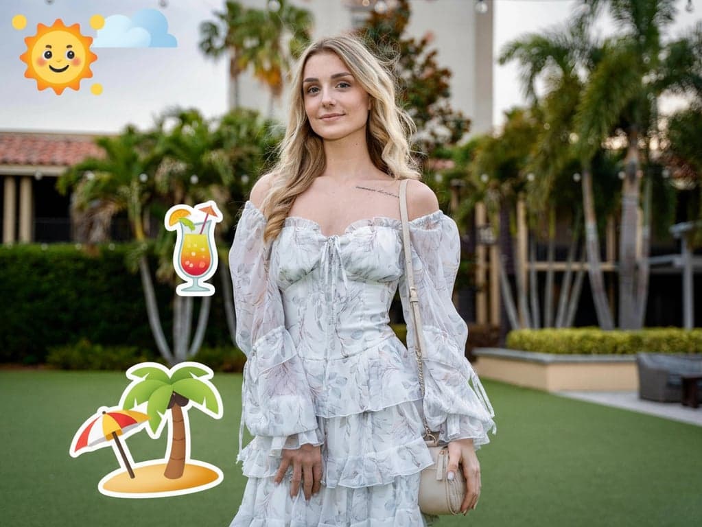 A vacation photo with emojis added as fun stickers: a 🏖️ emoji on the beach, a 🍹 emoji on the drink, and a 🌞 emoji in the sky, enhancing the holiday vibe.