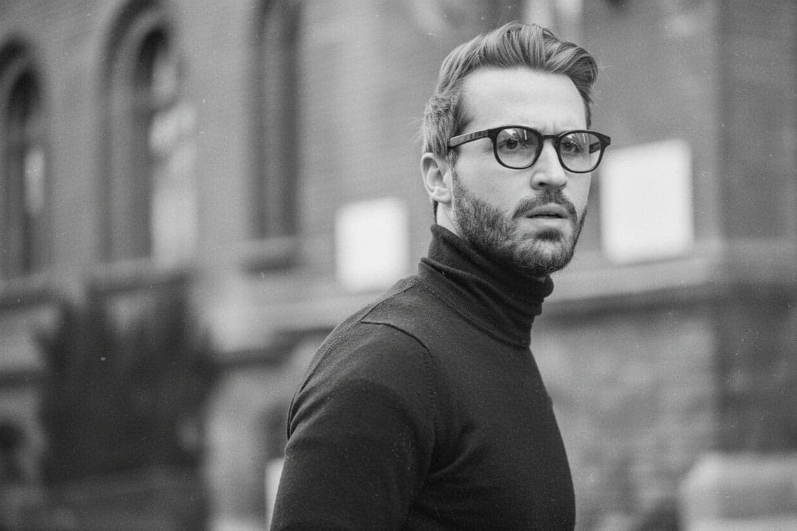 A street scene edited to resemble 1950s documentary or news photography, with a neutral grey tone, crisp grain structure, and a focus on everyday post-war life.