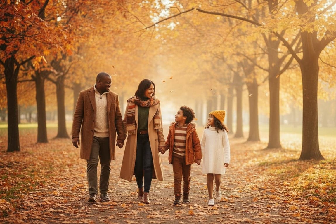 a portrait of a family transformed into an autumn-themed family portrait, all members dressed in warm fall outfits like coats and knitwear in earthy tones, positioned outdoors among falling leaves and warm sunlight, using relaxed standing or walking poses, natural interaction, and a cozy seasonal atmosphere