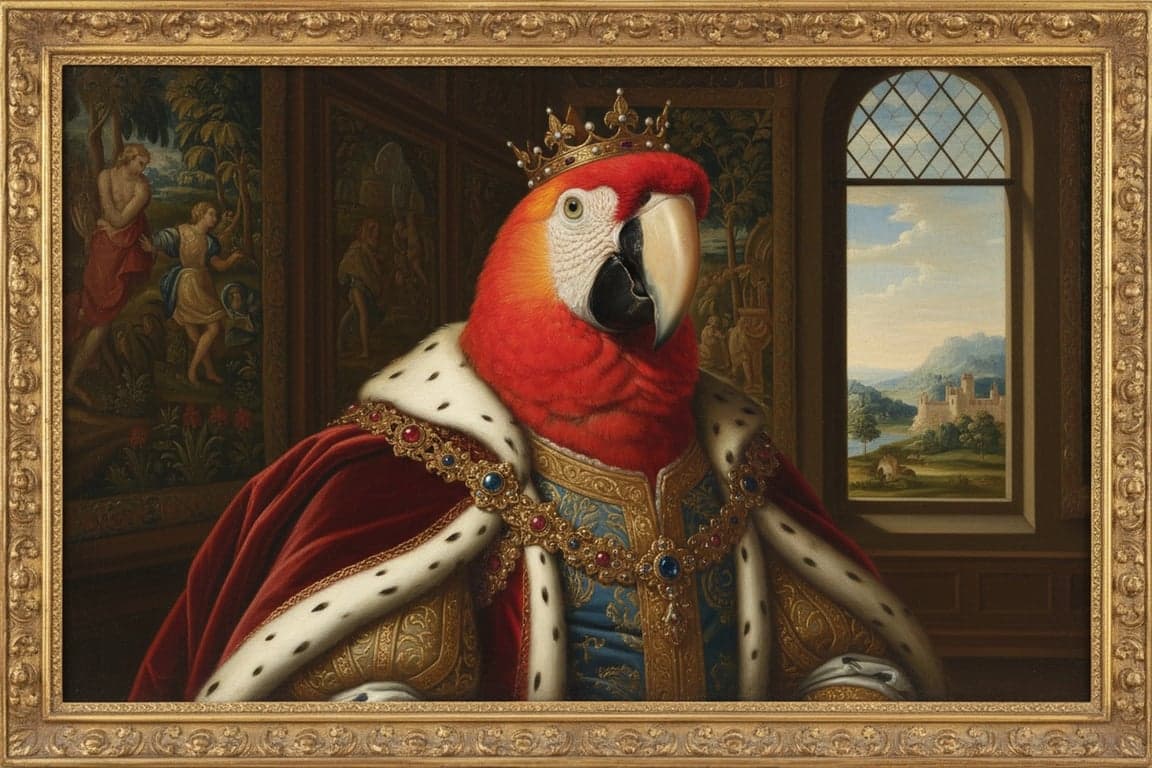 AI pet portrait generator free after pic - colorful macaw turned into a Renaissance royal painting with ornate velvet robes and gold jewelry