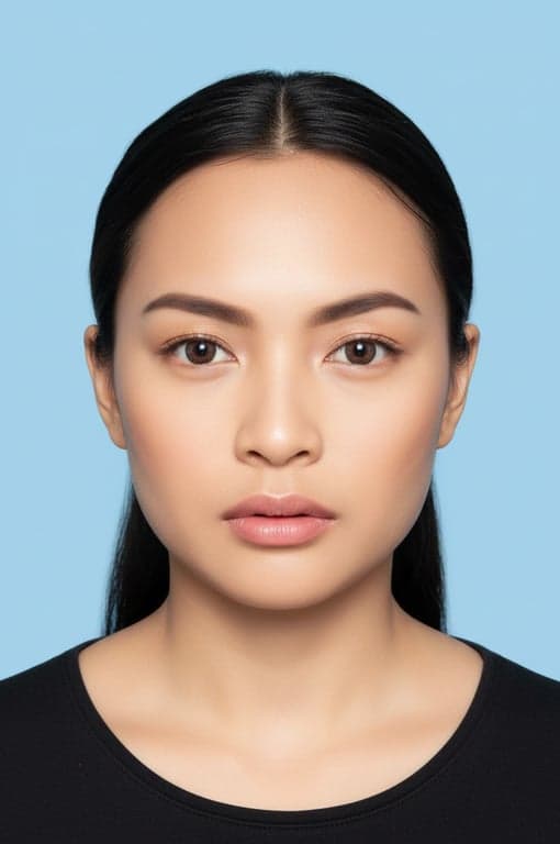 A high-fidelity digital ID photo of a woman, pixel-perfect clarity, natural skin tone without filters, hair away from face, solid light blue background.