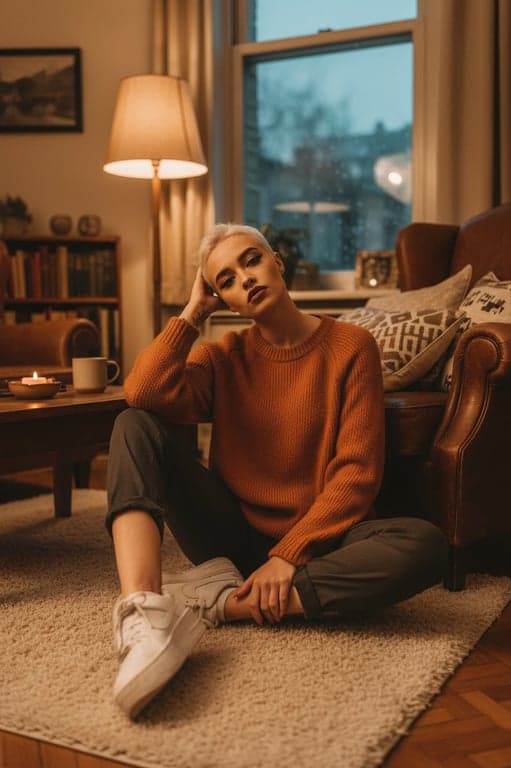 A cozy warm-toned indoor portrait of a woman, lamplight simulation, amber shadows, warm white balance, comfortable home environment.