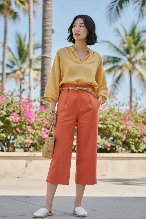 a portrait of a person enhanced with balanced summer outfit styling, lightweight seasonal clothing, clear outfit structure, bright palette, smooth tonal transitions, composed posture, and slightly detailed seasonal background