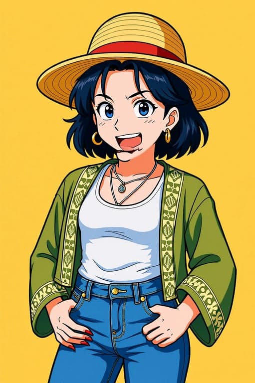 a portrait of a person transformed into a One Piece style character, wearing Luffy's straw hat with a wide, cheerful grin