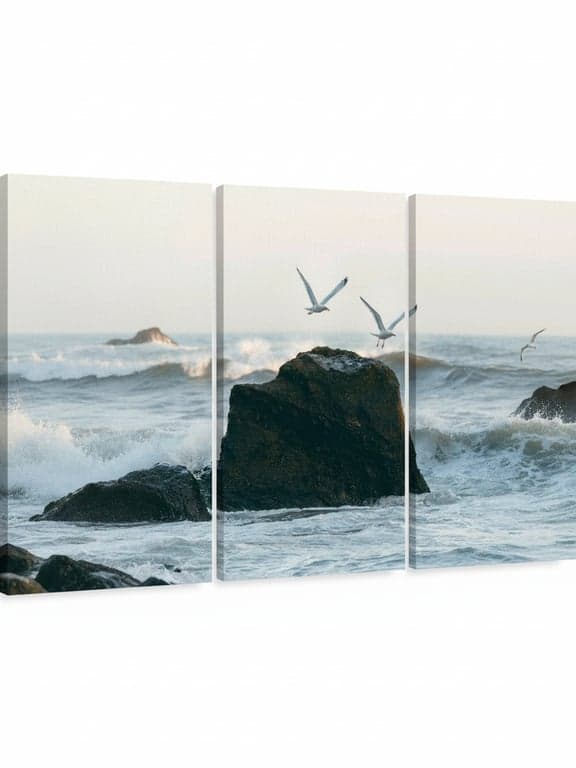 A panoramic landscape formatted as a triptych across three separate canvas panels, with each panel's image and texture flowing into the next.
