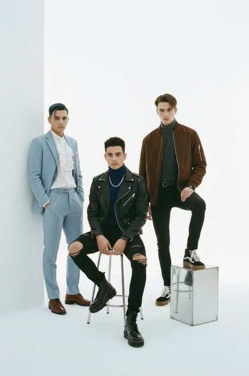 a portrait of a male group edited into a K-pop boy group concept look, featuring coordinated but non-identical outfits, structured silhouettes, layered styling such as jackets over fitted tops, slim-fit pants, subtle accessories, controlled color palette, distinct yet cohesive styling per member, confident poses, and clean studio lighting