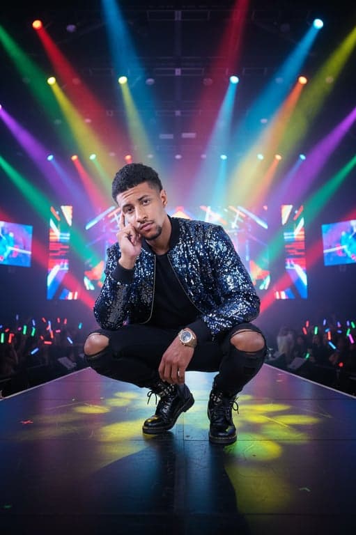 a portrait of a man transformed into a K-pop stage outfit, wearing a sequined jacket and ripped jeans under colorful concert spotlights