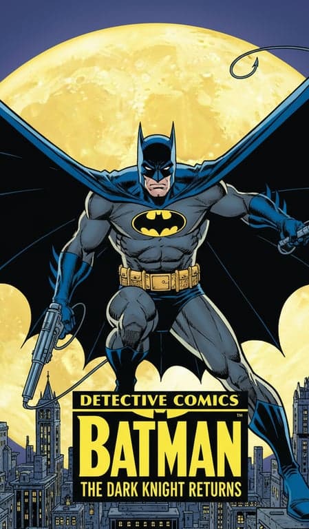 Batman in a classic comic book cover pose, grappling hook in hand, cape billowing dramatically, bright yellow moon in the sky, bold title logo.