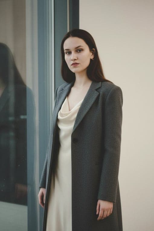 a portrait of a person wearing a minimalist long coat with straight cut, defined shoulder line, fluid inner dress, muted tones, precise tailoring, relaxed posture, soft ambient lighting
