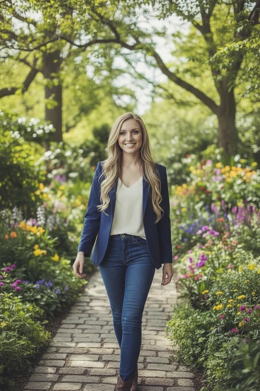 business casual outfits filter after transformation - portrait wearing blazer and jeans business casual look in coworking space