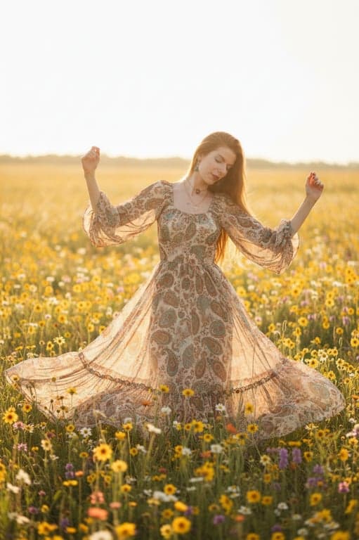 a portrait of a woman in flowy dress, 70s bohemian style, soft focus, hazy golden hour lighting, field of flowers, ethereal and peaceful vibe.