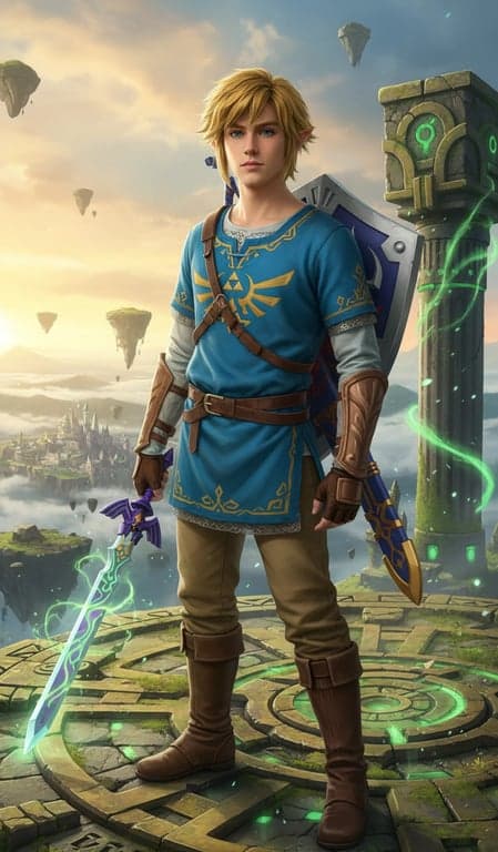 a portrait transformed into a famous video game protagonist cosplay, with iconic outfit, weapon replica, and game-inspired environment