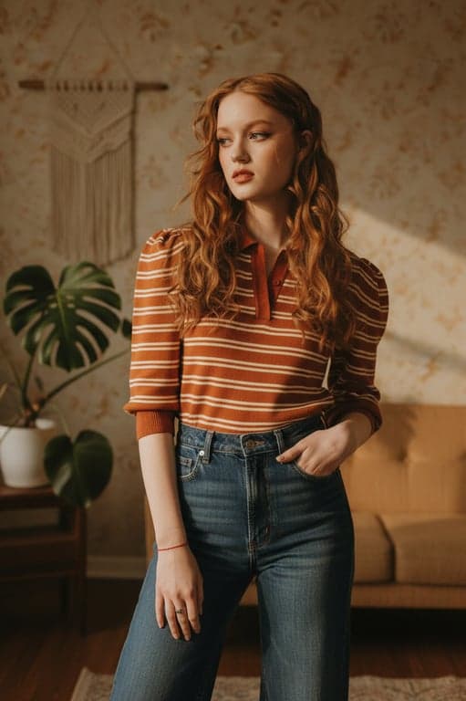 a portrait of a person enhanced with balanced 70s vintage styling, high-rise flared bottoms, well-proportioned tops, warm color palette, smooth tonal transitions, composed posture, and slightly detailed nostalgic background