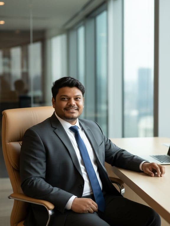 a professional portrait of a man in a suit and tie, sitting in a modern office, confident smile, natural window light, clean and trustworthy appearance.