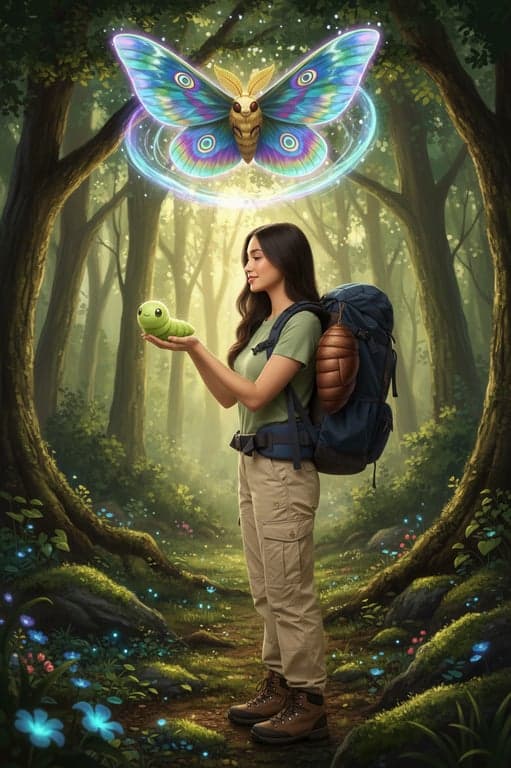 A cohesive bug-type evolution line displayed with their caring young trainer. The trainer is a girl gently holding the larva, the cocoon is attached to her backpack, and the majestic moth flies above her, its hypnotic wings creating a protective aura.