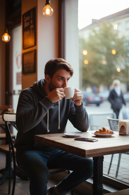 a man in casual wear (hoodie and jeans) drinking coffee in a cozy cafe, natural and relaxed pose, ambient lighting, candid street photography style.