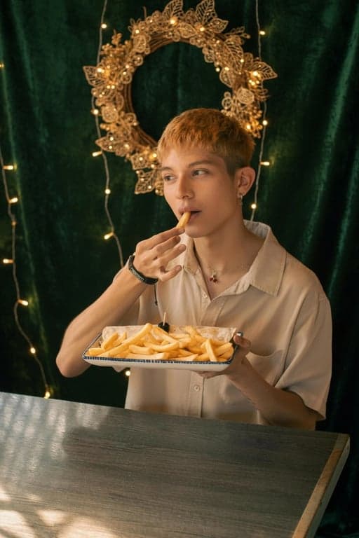AI Christmas background free after photo - man eating French fries with Christams background