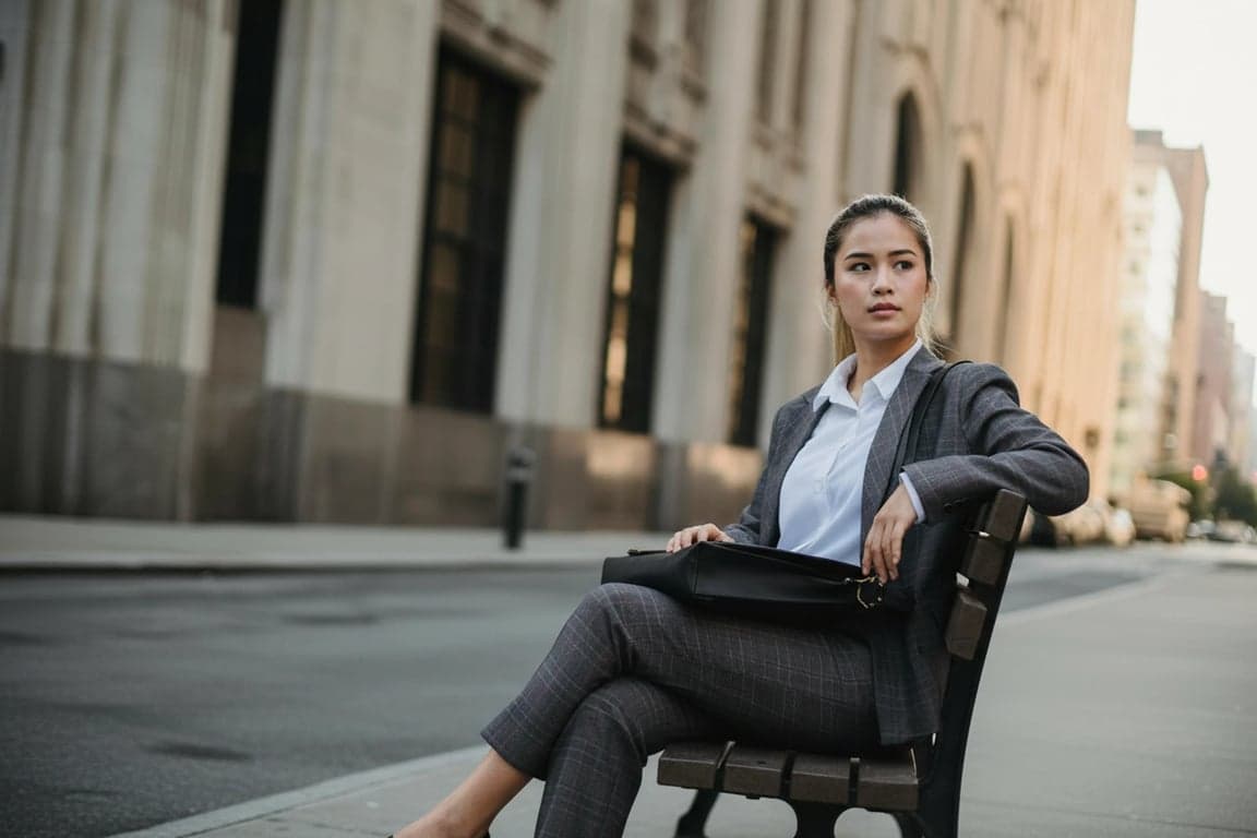 a portrait of a person with posture redesigned into a confident seated pose: slight backward lean, open torso, relaxed shoulders, natural spinal curve; legs positioned comfortably (crossed or parallel); maintain body proportions and realism; do not change background